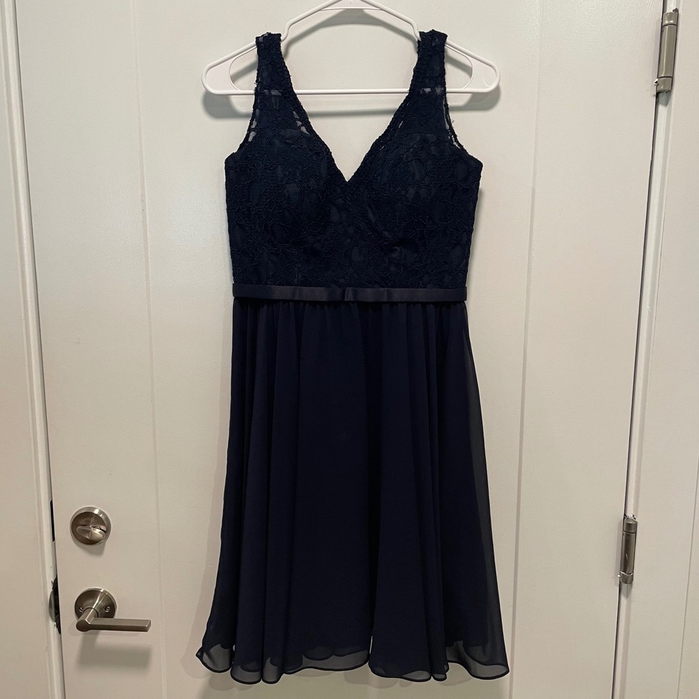 Mori Lee Madeline Gardner Navy Blue Lace Chiffon Cocktail Dress 10 Bridesmaid